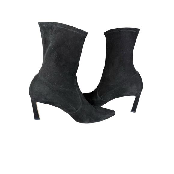 Stuart Weitzman Black Suede Sock Ankle Boots Pointed Toe Size 10M Heels - Picture 2 of 13